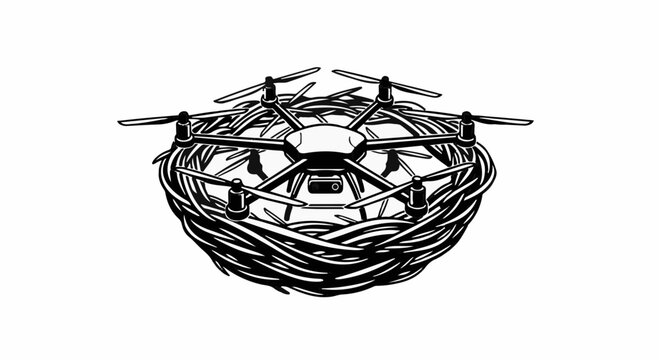 Futuristic drone rests in a woven nest, symbolizing technology and nature integration.