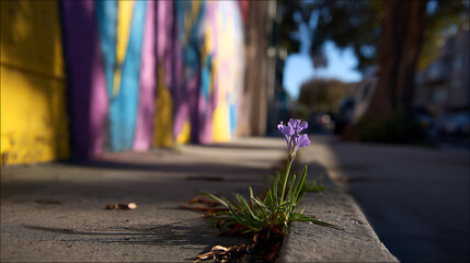Fototapeta premium Close up view of a small resilient purple flower growing from a crack in rough concrete, bathed in warm sunlight against a vibrant street art wall