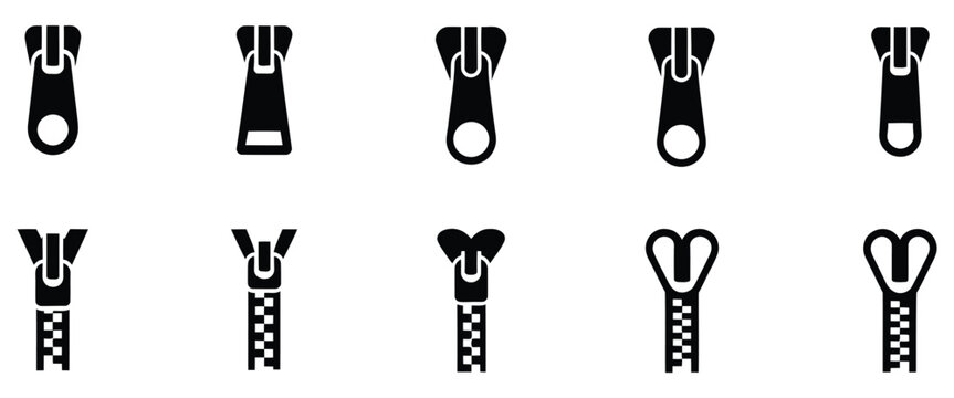 Zipper pullers and sliders collection featuring different shapes of garment fastener components for fashion accessories, apparel hardware, and textile design vector illustration.