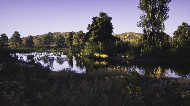 River edge textured shoreline with grasses, close botanical detail, reflective water patches and layered vegetation creating intimate nature study and peaceful