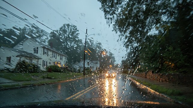 View through car windshield during a rainy evening drive