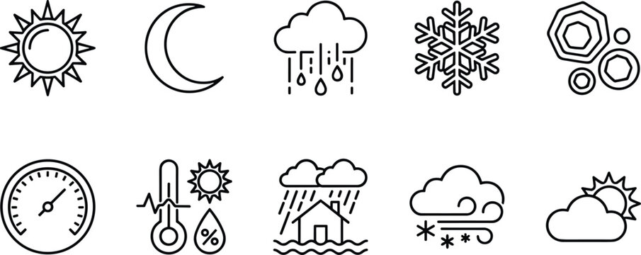 Minimalist Weather Icons Showing Sun Moon Rain Snow and Temperature seasonal-icons weather-forecast minimalist-design climate-visuals infographic-elements