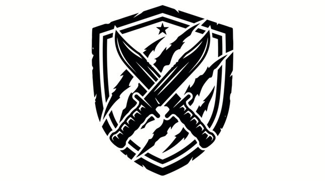 Aggressive Combat Shield Emblem with Crossed Knives and Scratch Marks, in a bright studio.