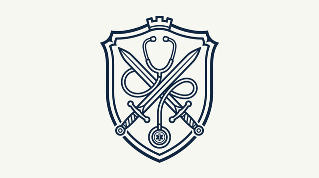 Medical and Military Shield Emblem with Crossed Swords and Stethoscope, in a bright studio.