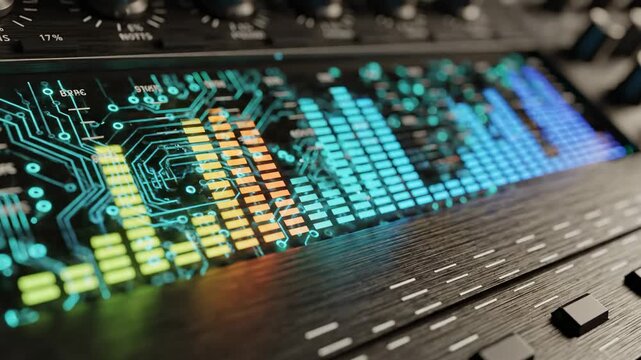 Vibrant colored equalizer bars on a digital display showcasing audio levels and intricate circuit board patterns emit a cool glow, suggesting dynamic sound synchronization and electronic