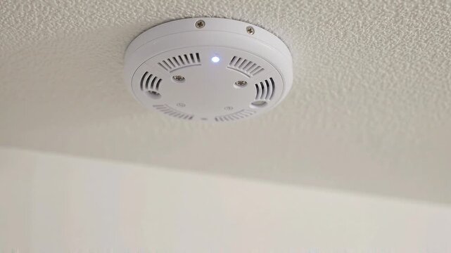 Smoke detector sensor with blue indicator light mounted on textured ceiling for indoor fire safety and home safety, white round shape device with vents and screws visible for ceiling installation