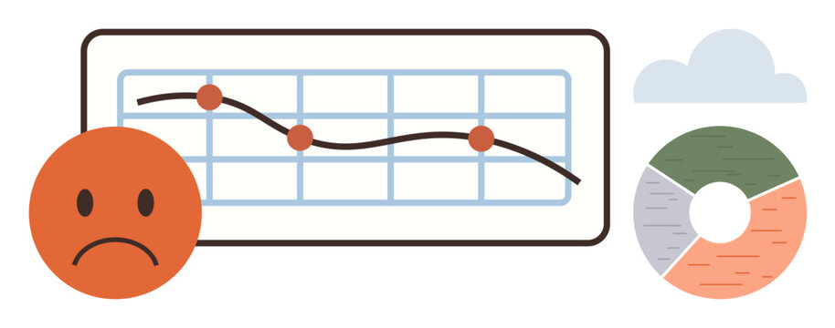 Financial downturn, economics, data analysis, business impact, statistics, market trends. A sad face next to a downward-sloping graph and pie chart. Financial downturn and economics ion