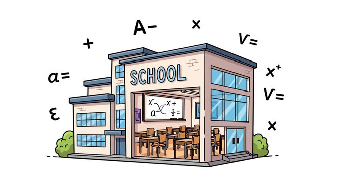 A cartoon school building with mathematical equations.