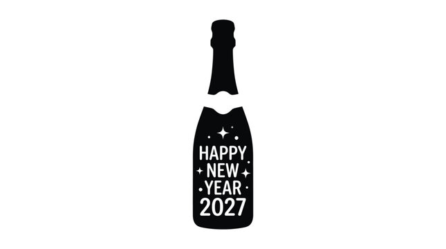 The champagne bottle silhouette contains the celebratory text for the upcoming new year within its central body area, providing a festive and minimalist graphic element.