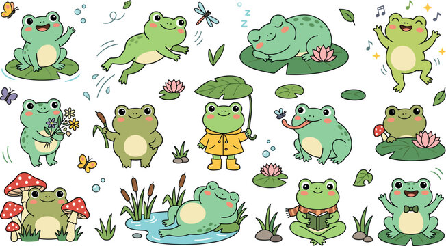 Cute Cartoon Frog Character Collection with Lily Pads, Mushrooms, Raincoat, Sleeping Frogs, and Nature Elements Vector Illustration Set