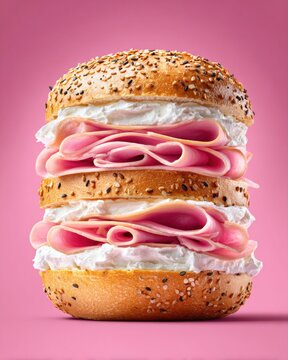 Gourmet ham and cream cheese bagel sandwich stacked high with layers