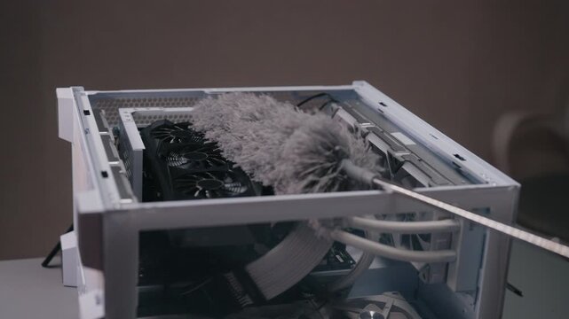 Technician maintaining and cleaning desktop computer case with feather duster, focusing on graphics card, motherboard and cooling fans for improved performance.