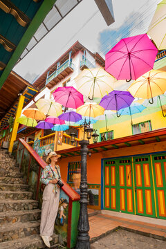 Colorful umbrellas over street in Guatape, Colombia
