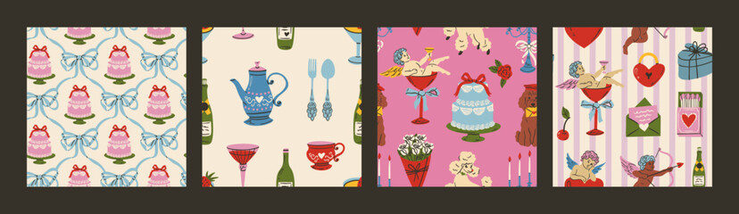 Naklejka premium Seamless romantic doodle pattern with hearts, bows, doves, cakes and drinks. Cute vintage coquette illustration for Valentine’s Day, weddings and gifts. Trendy feminine design for wallpaper.