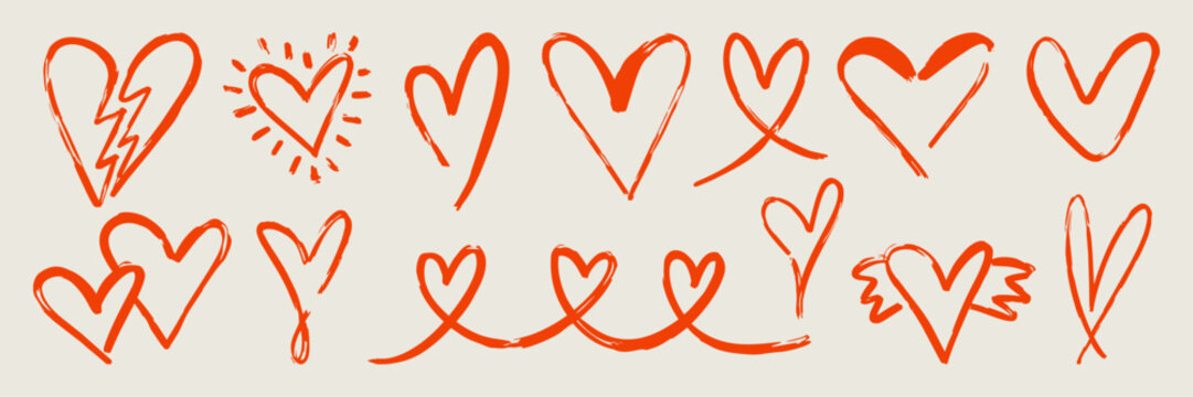 Hand drawn heart illustration set with doodle shapes, scribbles and sketch lines. Cute romantic elements in vibrant and red tones. Perfect for Valentine&rsquo;s Day, stickers, scrapbooking, prints
