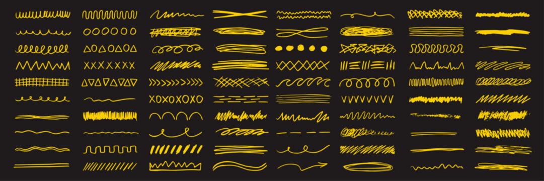 Hand drawn underline and brush stroke set with scribble lines, swooshes and rough textures. Ink, pencil and marker elements for highlights, dividers, banners, overlays and abstract graphic design.