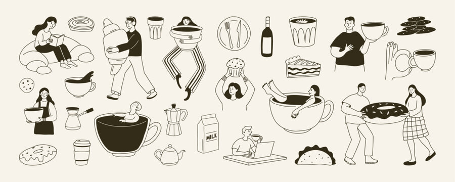 Hand drawn coffee and bakery illustration set in cute doodle style. Includes cups, croissants, cakes, bread and man, woman barista characters. Perfect for cafe menu, poster, sticker, brunch  design.
