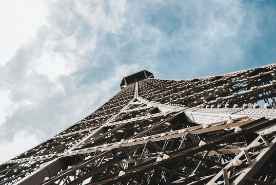 Eiffel Tower from a low angle on a clear day in Paris