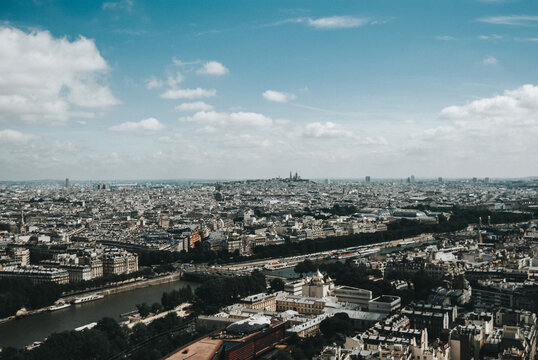Aerial view of Paris with landmarks and River Seine