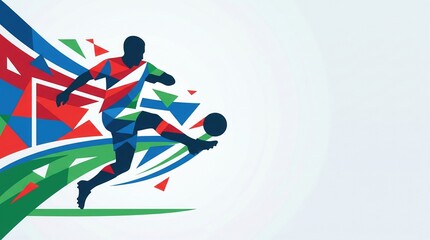 Obraz premium Abstract geometric vector illustration of a soccer player silhouette kicking a ball composed of colorful shattering triangles, dynamic sports graphic design, football tournament poster.