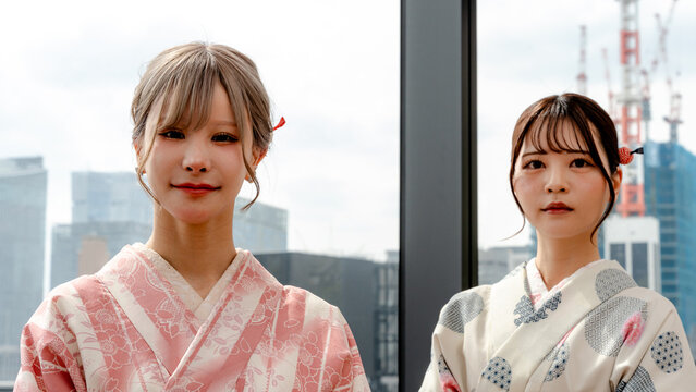 Japanese women in kimono with sakura accents in Tokyo