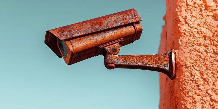 Old rusty security camera mounted on a textured orange wall against a clear blue sky