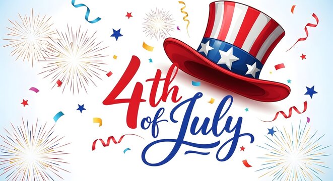 Festive fourth of july illustration with uncle sam hat and fireworks
