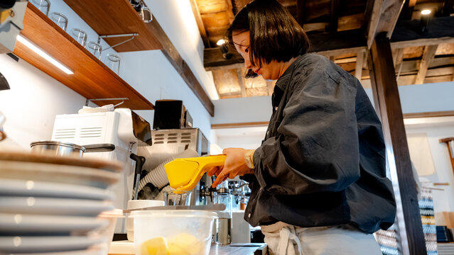 Coffee shop scene with citrus press in South Korea