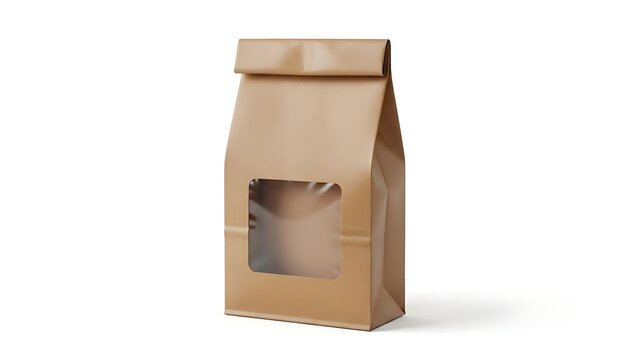A brown paper bag with a clear window on the front