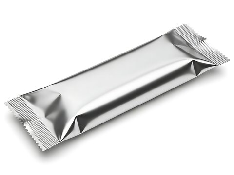 Blank silver metallic sachet stick pack mockup for coffee or sugar isolated on white