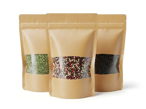 Brown kraft paper stand up pouches with window for seeds or spices