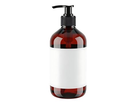 A brown bottle with a white label and black pump