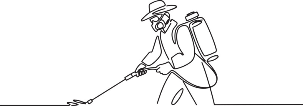 Pest Control Vector, Pest control logo, sketch drawing of man doing pest control with full equipment. one line Icon drawing