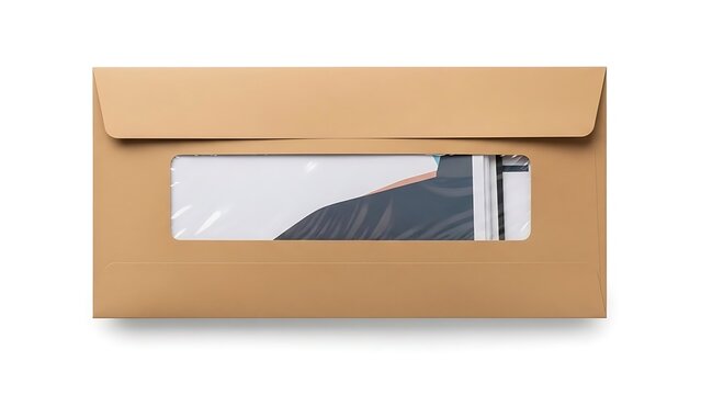Brown kraft paper envelope with transparent window isolated on white background