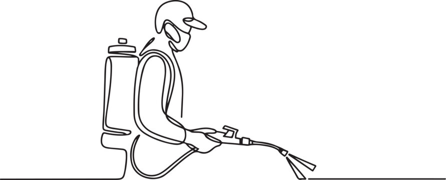 Pest Control Vector, Pest control logo, sketch drawing of man doing pest control with full equipment. one line Icon drawing