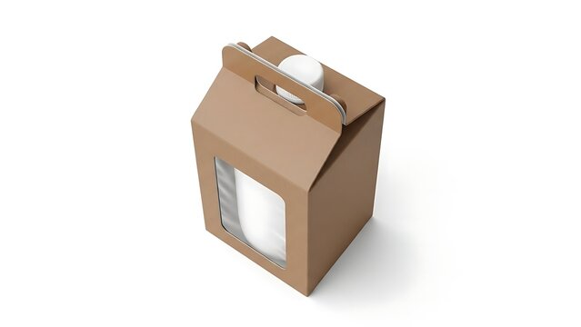 A brown cardboard box with a handle and a window
