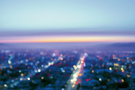 Soft focus aerial view of city lights at dusk with a pastel sky