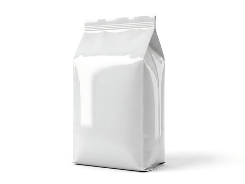 A white shiny stand up pouch with a sealed top