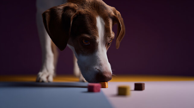 Curious Domestic Canine Discover Smell of Colorful Treats on Multicolored Surface With Purple Background, Close Up Animal Pet Portrait