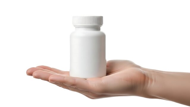 A hand holding a white plastic pill bottle