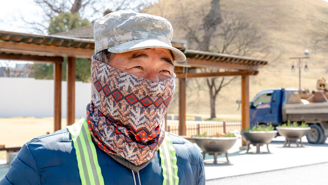 Road repair worker in Gyeongju, South Korea