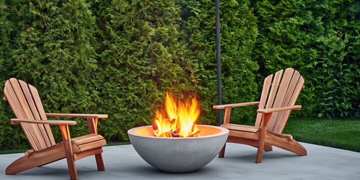 Cozy backyard patio scene with a modern concrete fire pit and wooden chairs