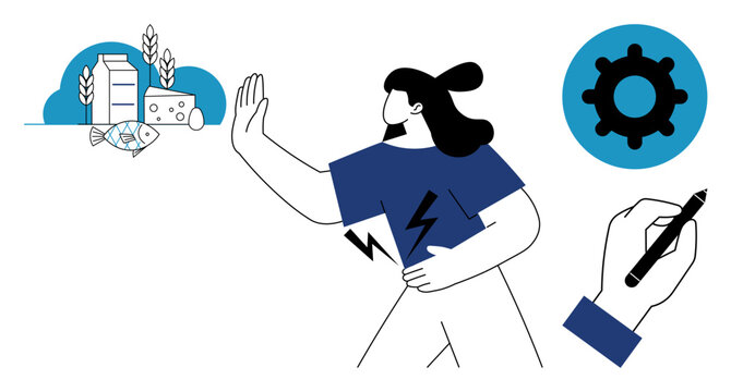 Food allergies through a woman rejecting allergenic foods thumbs up fish and dairy. Concept includes symbols of food intolerance, health caution, and allergy awareness. Useful for healthcare