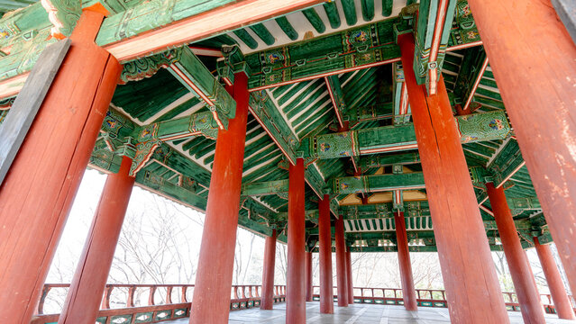Traditional dancheong ceiling in Pavilion Omokdae, Korea