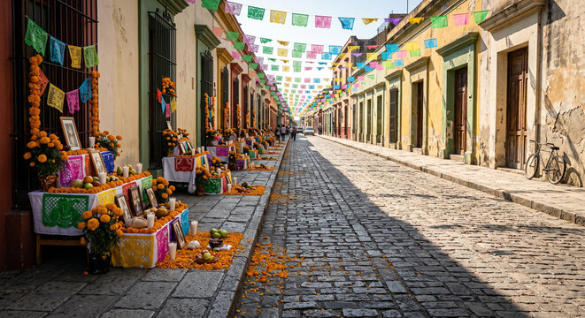 Colorful Day of the Dead Street Decorations with Traditional Ofrendas, Marigold Flowers, Candles, and Papel Picado in a Historic Mexican Town