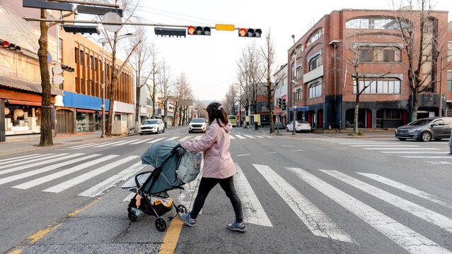 Mother pushing stroller across city crosswalk on trip