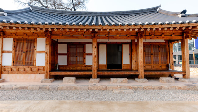 Traditional Korean temple hanok with wooden veranda