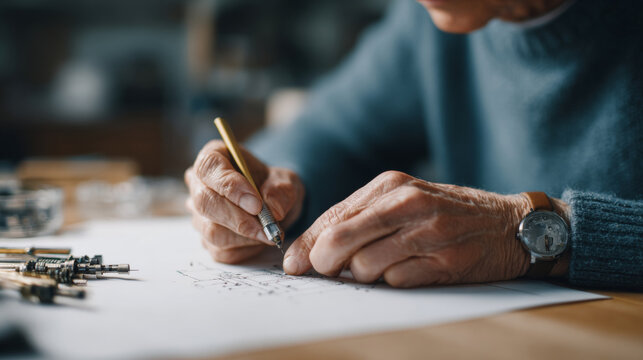 Elderly person drawing technical sketches