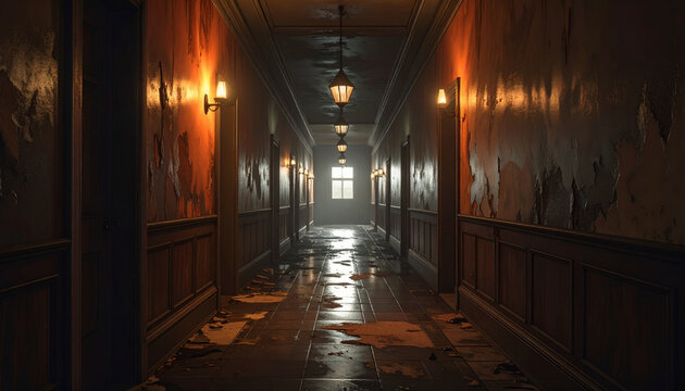 Lorong tua yang menyeramkan dengan wallpaper yang mengelupas dan pencahayaan redup