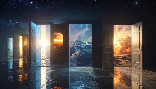 Surreal doors opening to different dreamlike sky worlds